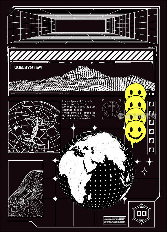 摘要未来的海报。在Techno (hud)风格中，一种流行的t恤印花。黑白复古赛博朋克风格海报封面设计。矢量插图。